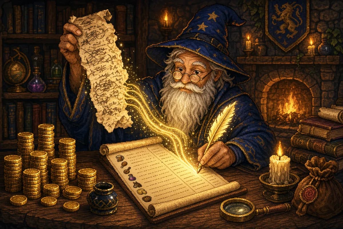 Pixel-art wizard reading a messy receipt scroll into a tidy shared bill ledger