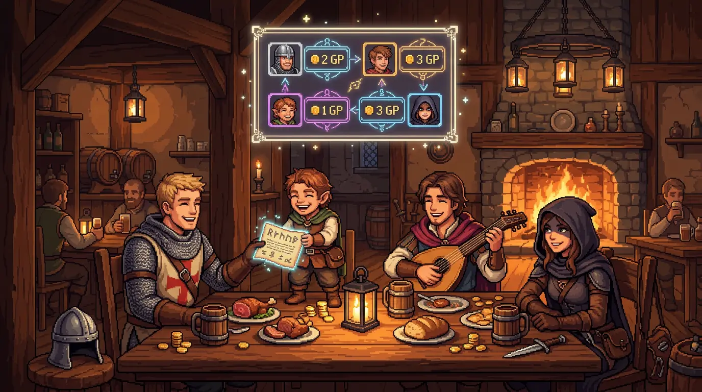 Aventureiros em pixel-art ao redor de uma mesa de taverna com uma interface mágica de divisão de contas brilhante acima deles