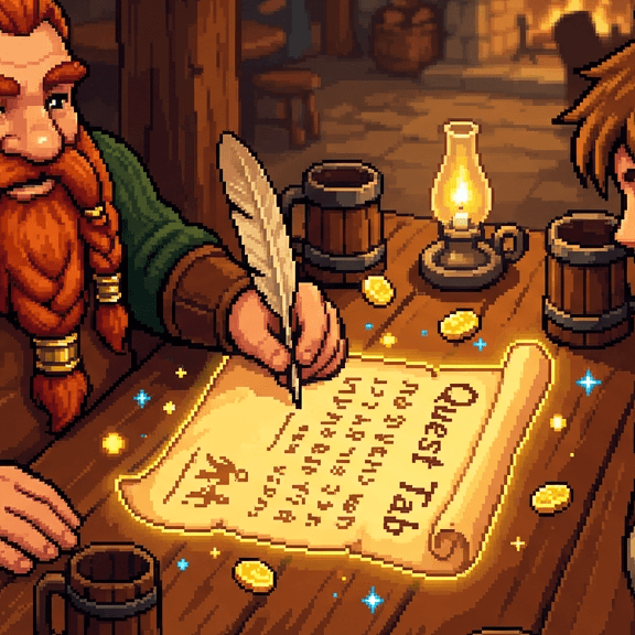 Pergaminho de pergaminho em pixel-art sobre uma mesa de taverna com uma pena mágica brilhante escrevendo itens