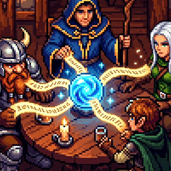 Orbe mágico brilhante em pixel-art acima de uma mesa de taverna com fitas douradas de atualizações ao vivo fluindo