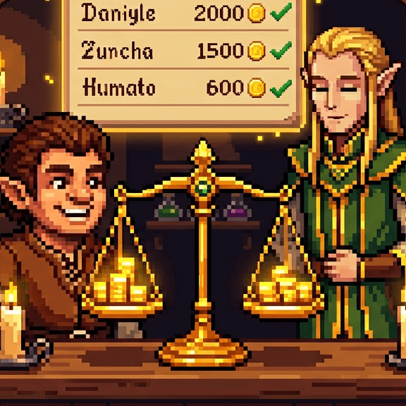 Balança dourada encantada em pixel-art com pilhas de moedas e um livro flutuante de saldos