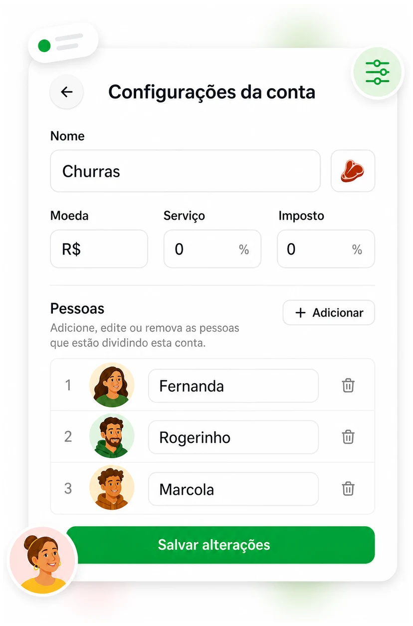 Bill settings with name, currency, service, tax, and the list of people