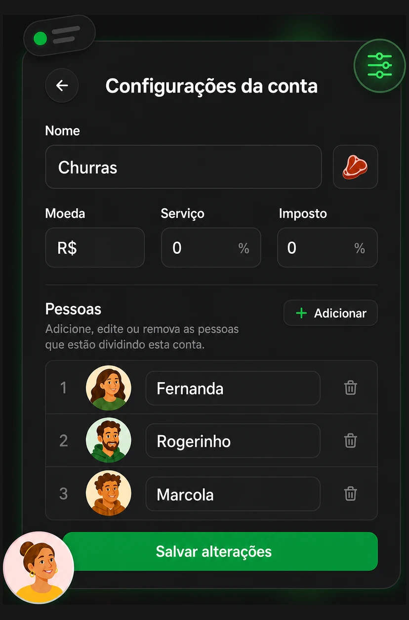 Bill settings with name, currency, service, tax, and the list of people