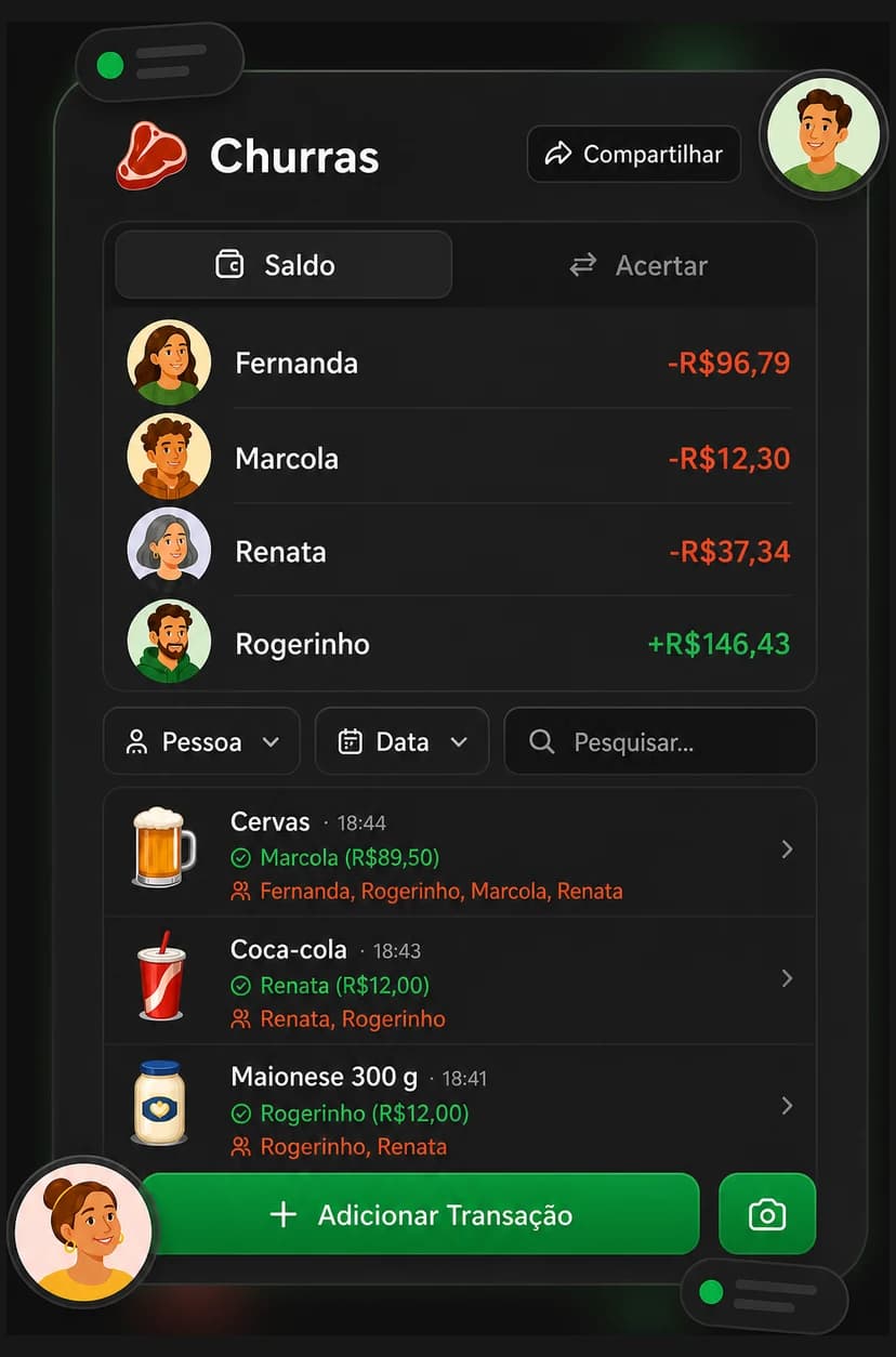 Bill screen with each person's balance above the list of expenses