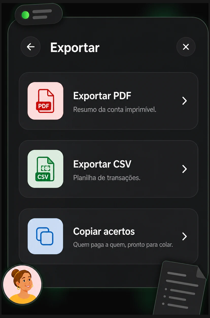 Exportmenü, das PDF, Tabellenkalkulation und das Kopieren der Abrechnungen anbietet