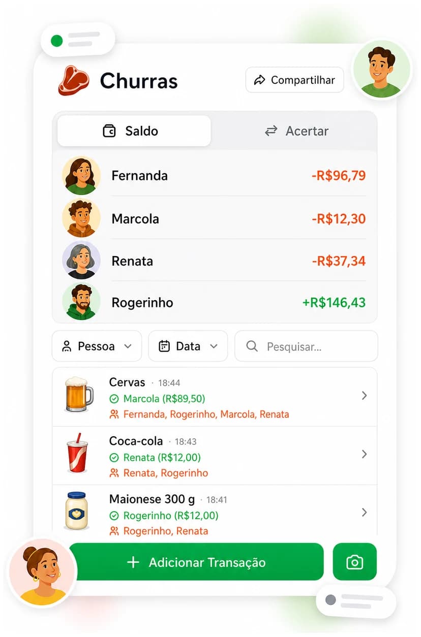 Bill screen with each person's balance above the list of expenses