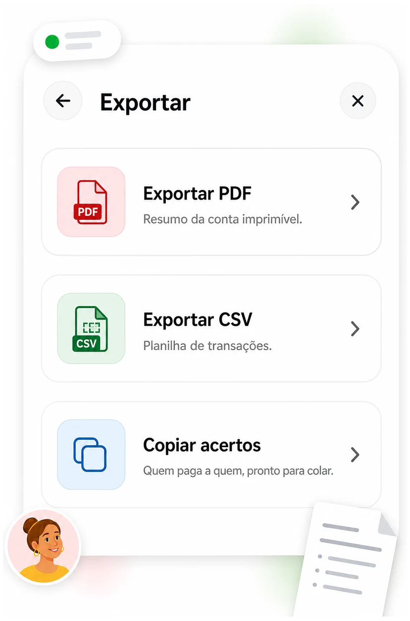 Export menu offering PDF, spreadsheet, and copying the settlements
