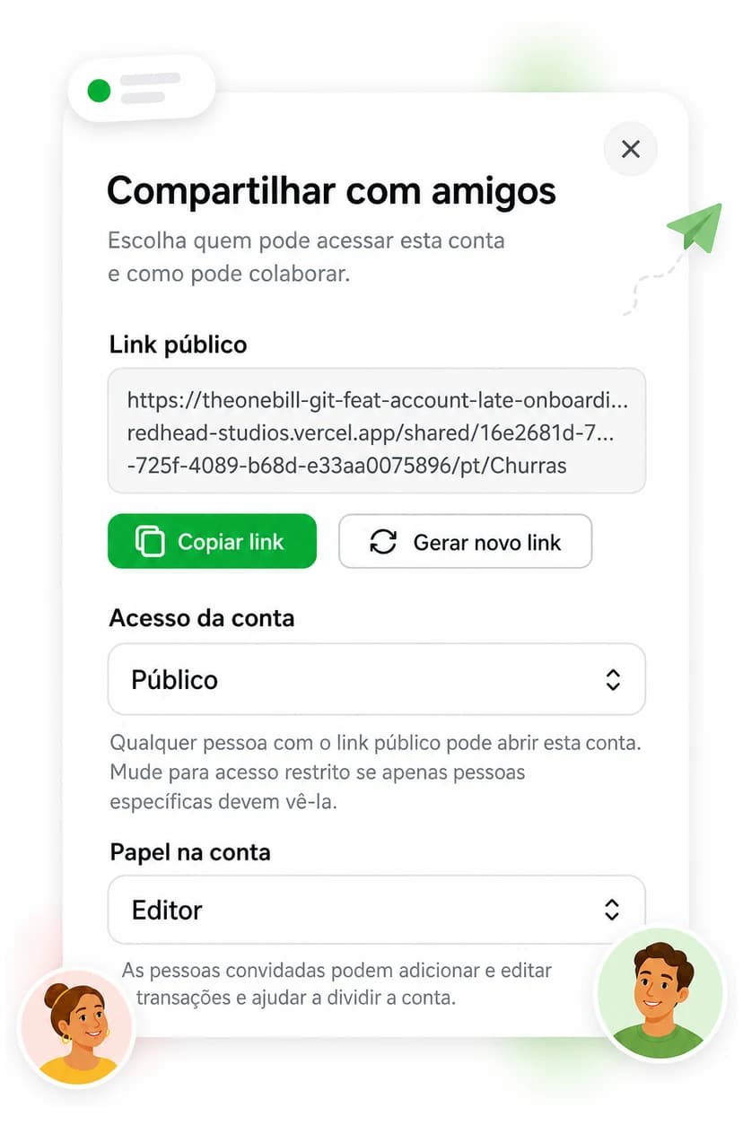 Sharing panel with a public link, access level, and role options