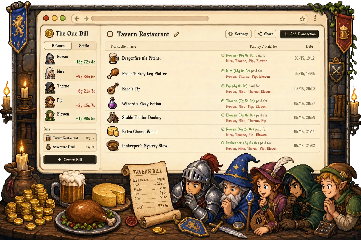 Pixel-art browser preview of a Tavern Restaurant bill with medieval party members, tavern items, and coins