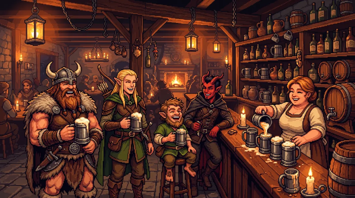 Mostrador de bar pixel-art con amigos bebiendo cerveza