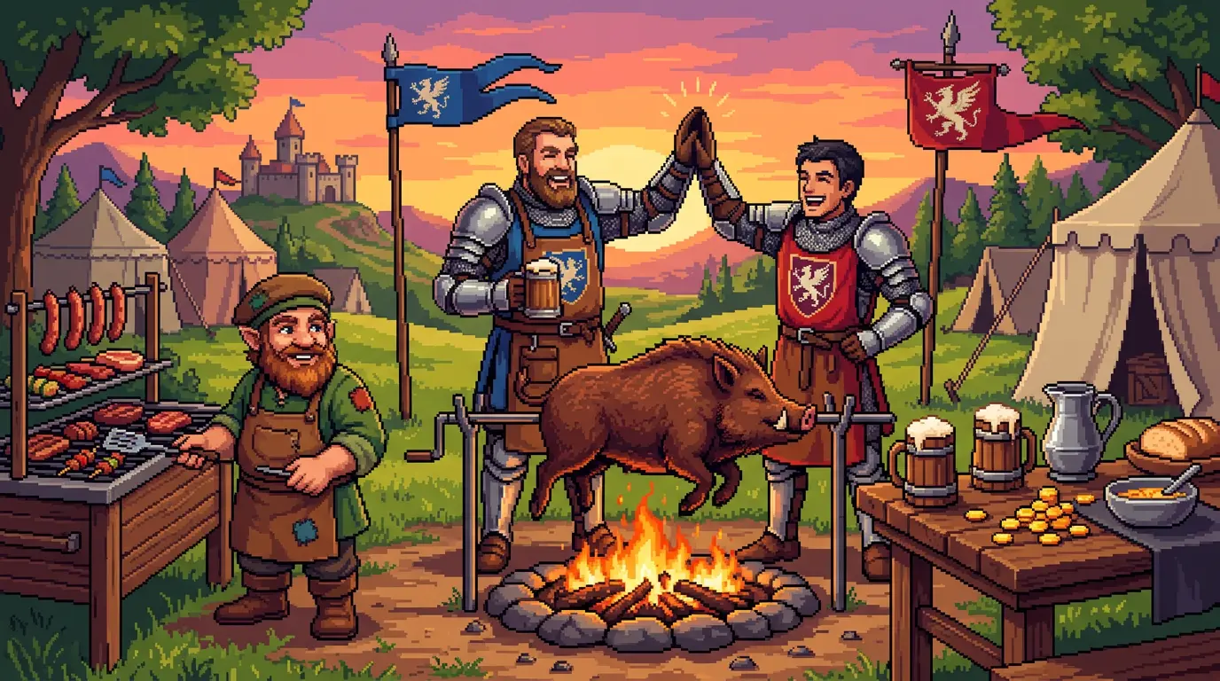 Pixel-art knights and a halfling cooking a boar over a campfire