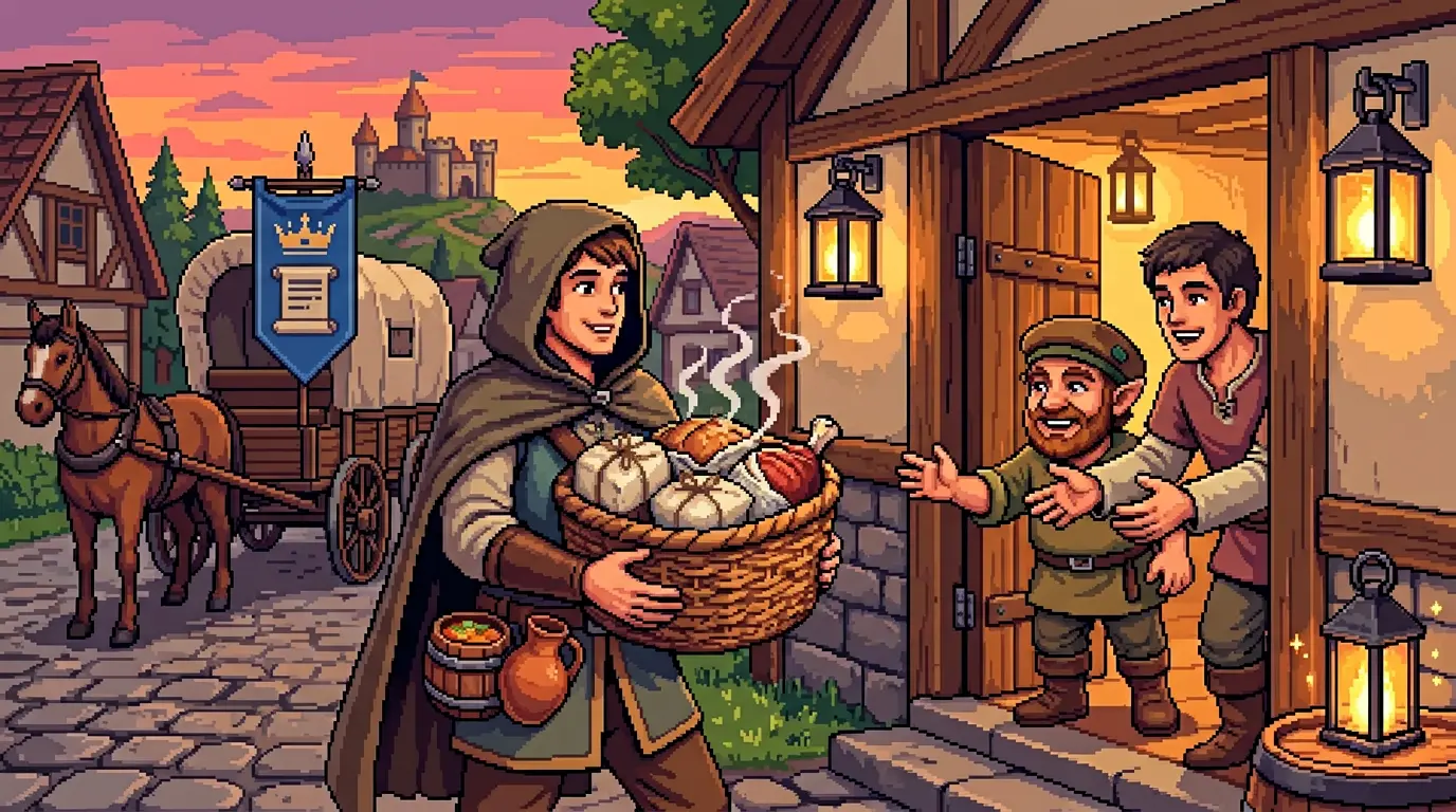 تحویل یک سبد غذا به دوستان در درب کلبه توسط یک پیک هنری پیکسل-آرت