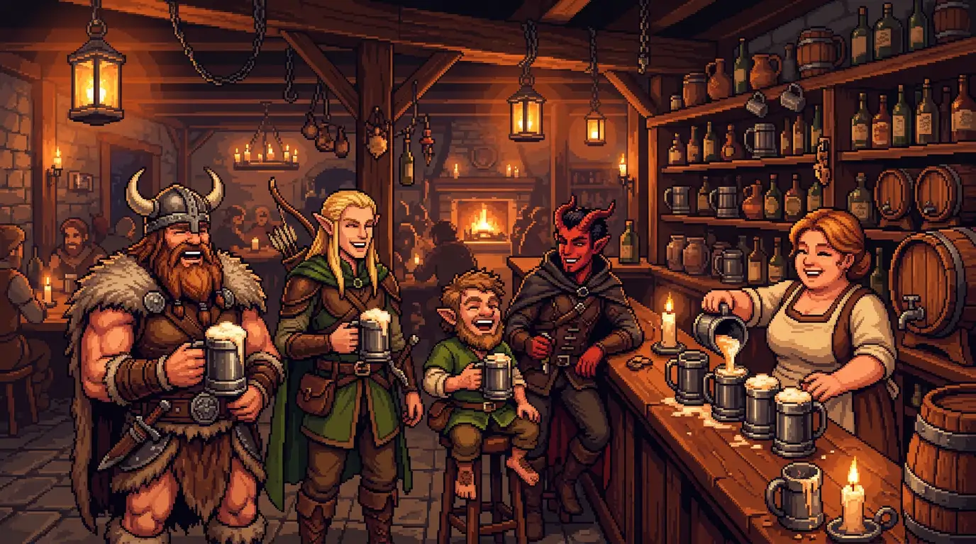 Pixel-Art-Tavernen-Bar mit Freunden, die Bier trinken