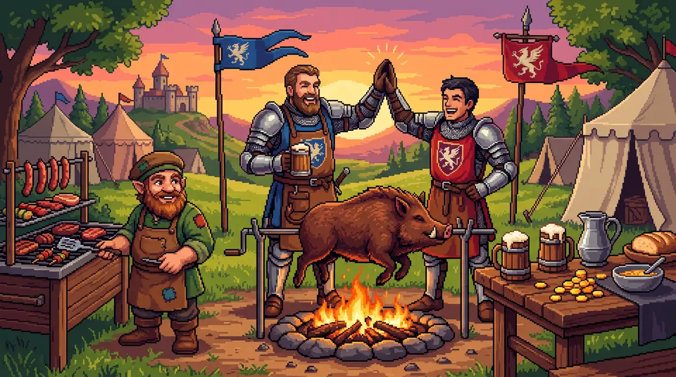 Pixel-Art-Ritter und ein Halbling, der ein Wildschwein über einem Lagerfeuer kocht