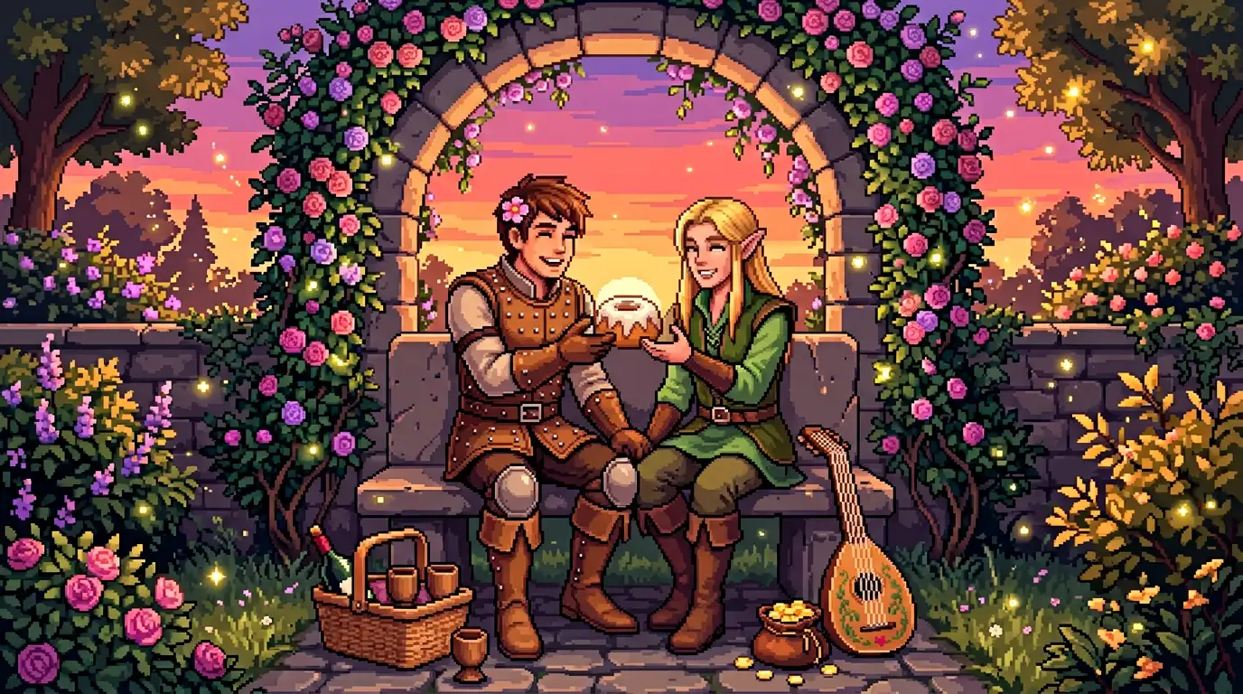 Pixel-Art-Paar, das unter einem Sonnenuntergangsbogen eine Süßigkeit teilt