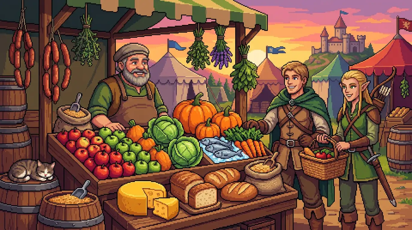 Pixel-Art-Mittelaltermarkt mit einem Lebensmittelstand mit frischen Produkten, Käse und Brot