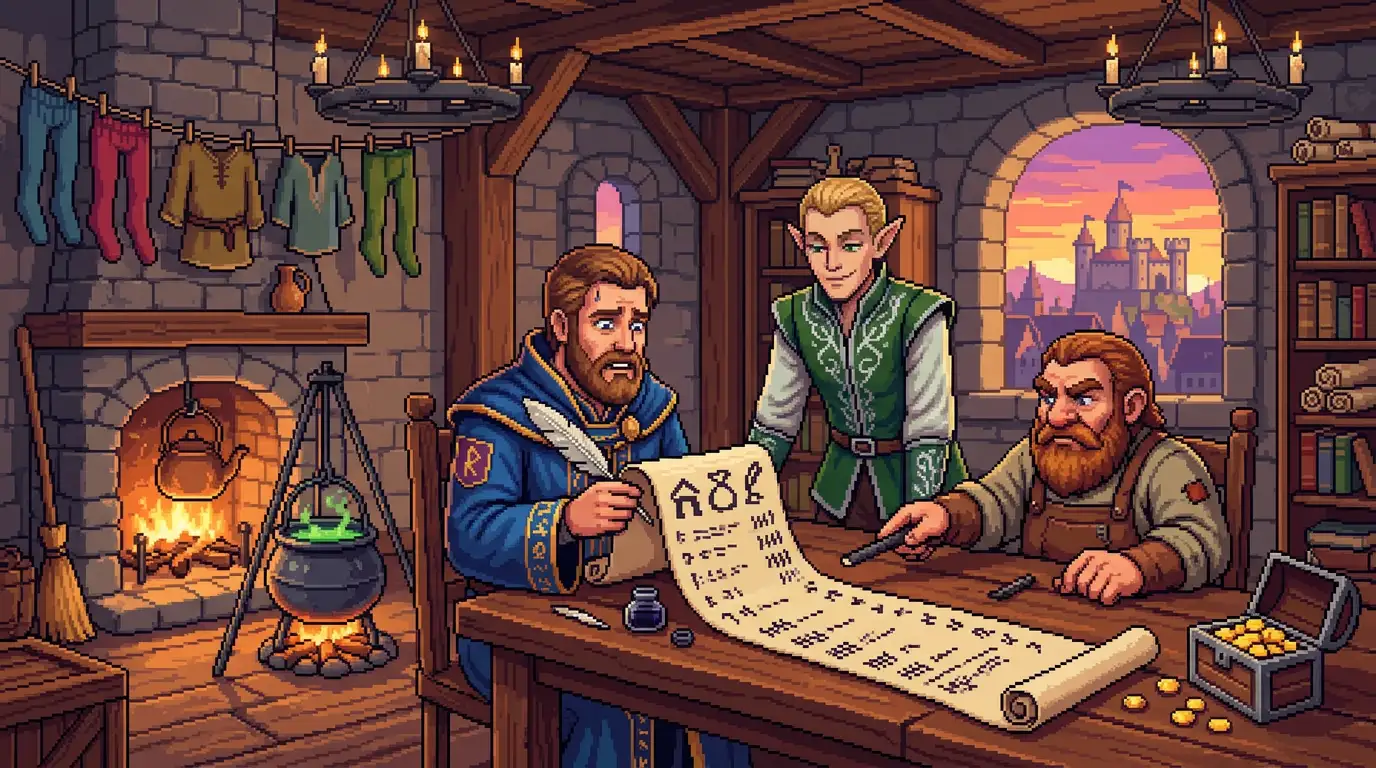 Pixel-Art-Wohngemeinschaft im Mittelalter mit drei Mitbewohnern, die bei Kerzenlicht ein Haushaltsbuch überprüfen