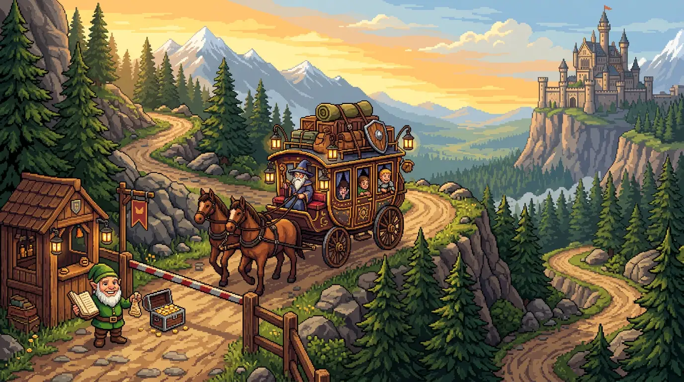 Pixel-Art-Wagen, der einen gewundenen Bergpass mit Mautstelle hinunterfährt