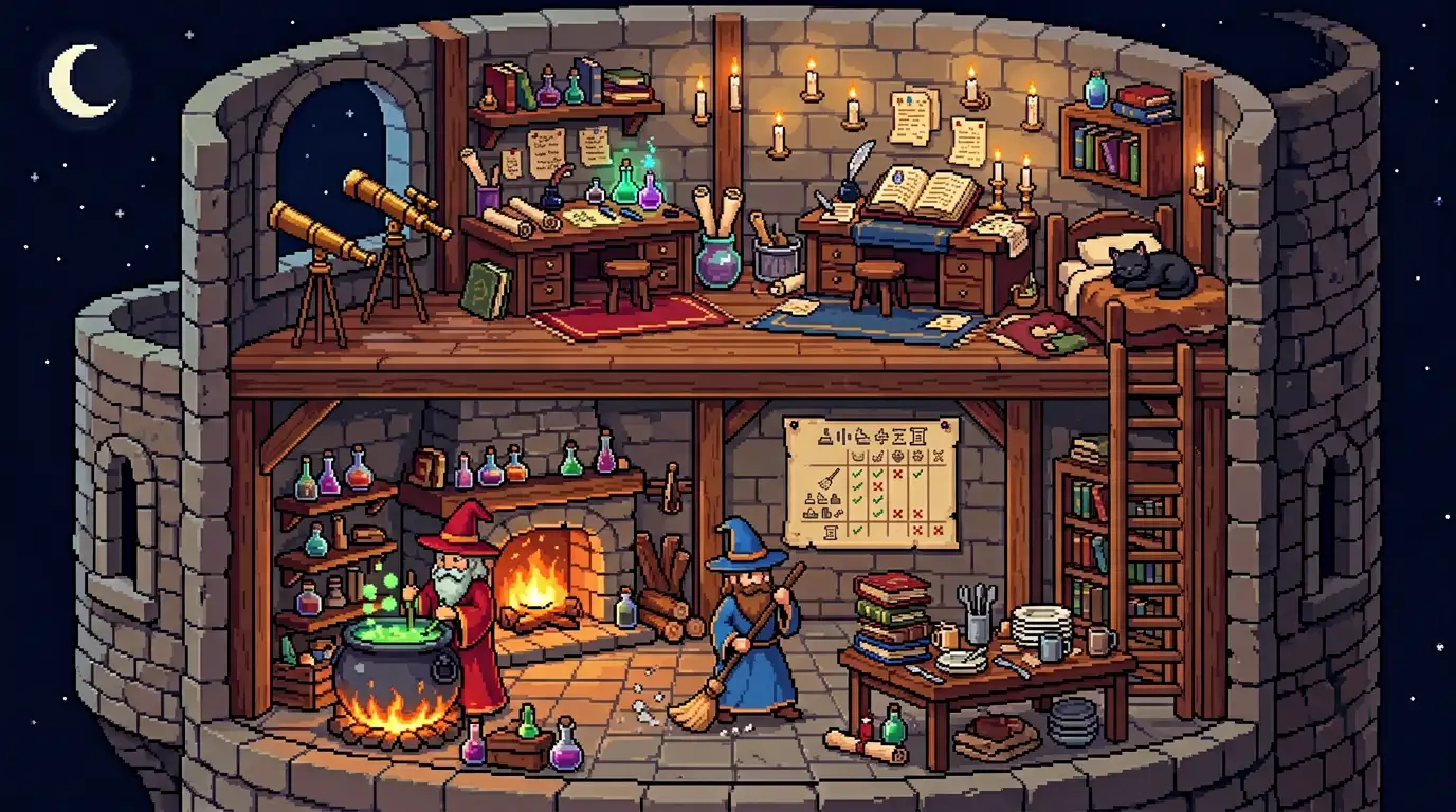 Pixel-Art-Zwei-Zauberer, die einen Turm mit Kessel und Aufgabenliste teilen
