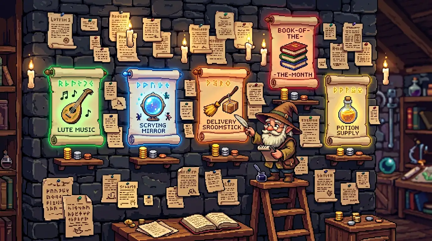 Pixel-Art-Wand mit magischen Schriftrollen, die monatliche Abonnements darstellen