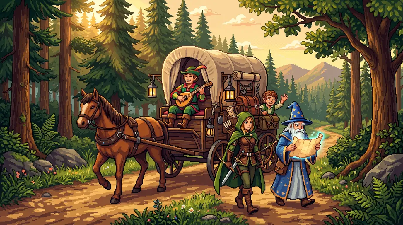 Pixel-Art-Abenteurergruppe, die auf einem Waldweg mit einer Pferdekutsche reist