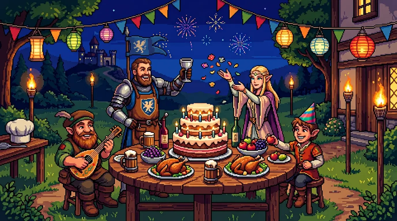 Pixel-art tavern garden birthday celebration with cake, fireworks, and friends toasting