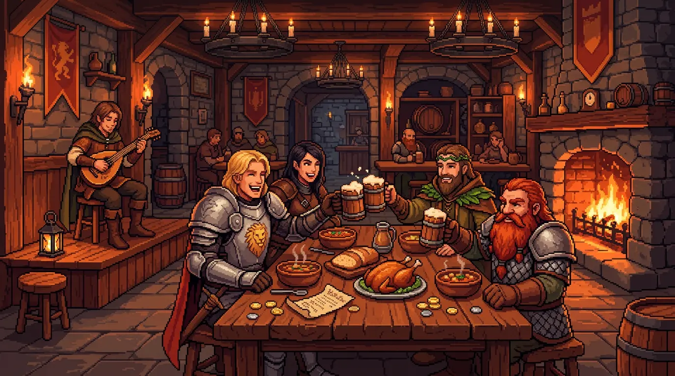 Interior de taverna em pixel-art com um banquete e um bardo tocando alaúde