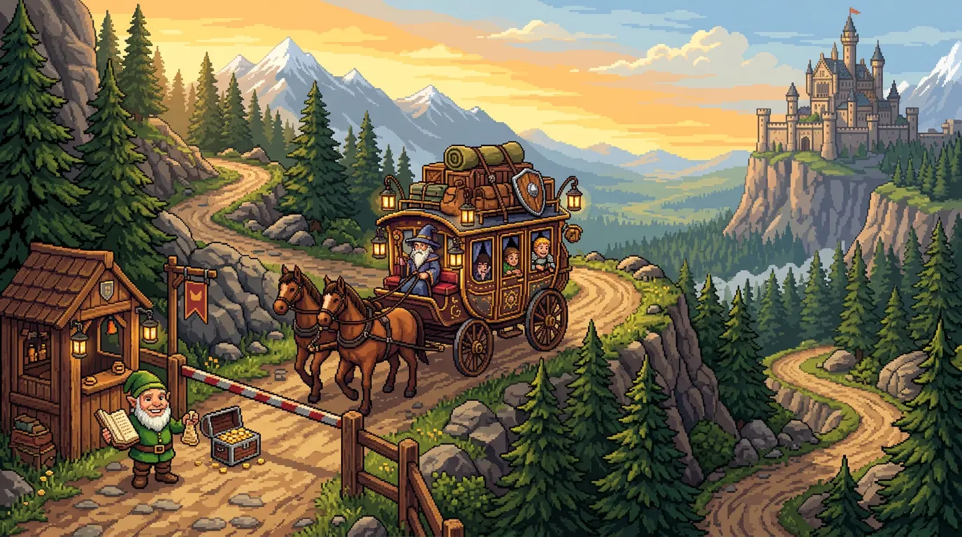 Carroça em pixel-art descendo uma estrada montanhosa sinuosa com pedágio